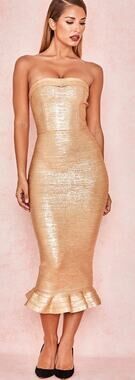 House of CB Fabrizia Gold Bandage Strapless Fluted-hem Midi Dress Sz M